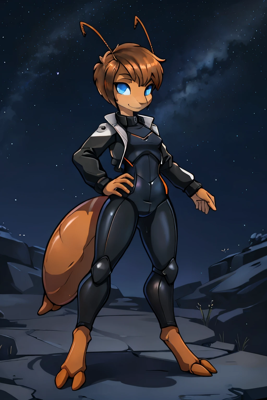 anthro ant, cute, skinny, feminine body, Looking at viewer, night sky background, thin body, black and orange wet suit, short hair, dark blonde hair, slicked haircut, forehead, blue eyes, utility belt, cropped jacket, (2 long ant antenna), insect, arthropod, small arthropod abdomen, tiny breasts, ant feet, proud pose, dripping abdomen
