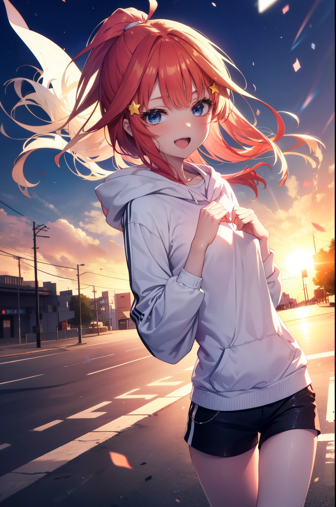 itsukinakano, Itsuki Nakano, bangs, blue eyes,Ahoge, Redhead, star \(symbol\),hair ornaments, star hair ornaments,happy smile, smile, Open your mouth,Short braided hair,Long Hair,ponytail,red oversized hoodie,Shorts,White pantyhose,short boots,(Great Laugh:1.1), (Open your mouth:1.1), Sun glare, Bokeh, Written boundary depth, blurred background, Particles of light, Strong winds, (Heart Particles:1.1)
break outdoors,In town,City Street,Building district , break looking at viewer,whole body, (Cowboy Shot:1. 5), break (masterpiece:1.2), highest quality, High resolution, unity 8k wallpaper, (shape:0.8), (Beautiful details:1.6), Highly detailed face, Perfect lighting, Highly detailed CG, (Perfect hands, Perfect Anatomy),