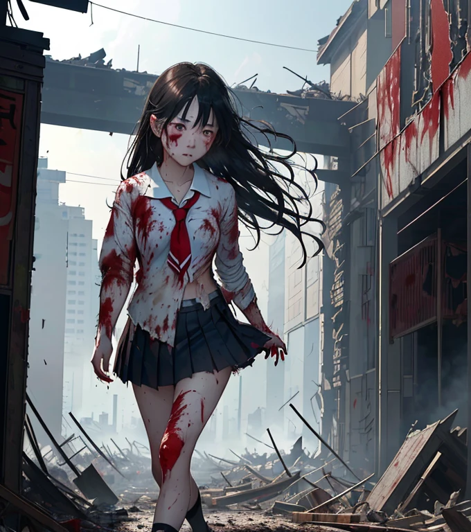 (in 8K、RAW Photos、top-quality、​masterpiece:1.2)、(realisitic、Photorealsitic:1.37)、ultra-detailliert、超A high resolution、(Giant Dragon:1.2)、Beautiful 15-year-old high school girl in Japan attacked by a giant dragon in devastated Tokyo、terrified expression、School Uniforms、 Uniform、(Torn and dirty tattered sailor suit:1.2)、disheveled clothing、ripped fabric、(Clothes with blood stains:1.2)、Short pleated skirt、(Torn skirt:1.2)、Dirty hair、smudged face、(skin stained with blood and dust:1.2)、Running through the rubble、building crumbling、Burning flame、stunningly beautiful face、dynamic ungle、Dynamic Lighting