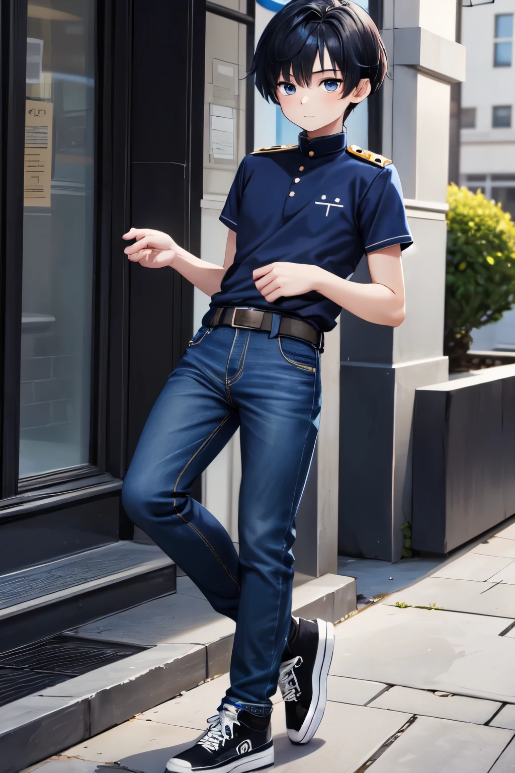 1boy, one boy, blue iris, skinny man, black hair, black and blue hair, a blue strand hair dye on the front left, 1.8m tall, 20 years old, blue uniform, elegant jeans, black sneakers. white skin.