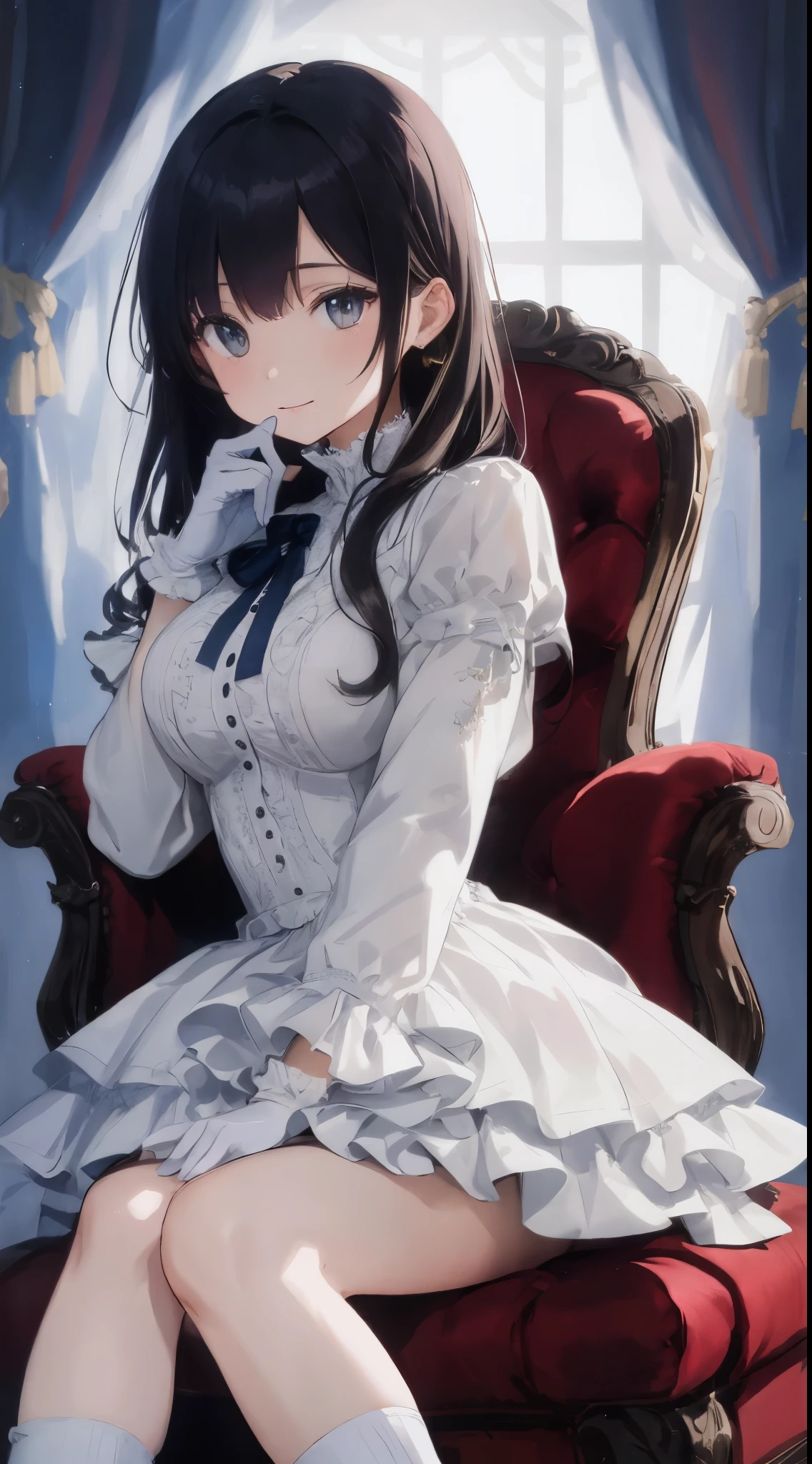 (highest quality, masterpiece:1.2), highest quality, High resolution, 1080P, 8K, Height: 158cm, ((High-definition game CG)), ((Like a beautiful girl dreaming of a game heroine、Very intelligent, very noble, lovely and pure beautiful princesses、With the best smile、Looking at the audience、Hands over their mouths)), A face that everyone loves, Glossy lips, Even bangs, ((Very beautiful blue eyes)), ((Very beautiful and long hair)), (((The most luxurious in the world、Rococo dress))), ((tiara studded with diamonds)), So many gemstones, Extremely lustrous, shiny game heroine lips, A girl with her open hand over her open mouth, like a game heroine, Ribbon in hair, Tight waist, slender, The ribbon is big and very pretty., Beautiful hair like a hair model, Long skirt, ((Big ribbon in her hair)), Full-length ball gown dress with hoop skirt, Frilled yoke collar, Fine woven ribbon on chest, Puff sleeves, Shiny silk satin dress, Soft and smooth silk satin fabric, luxury, Gorgeous flowing dress, Fine white ruffles and lace, 