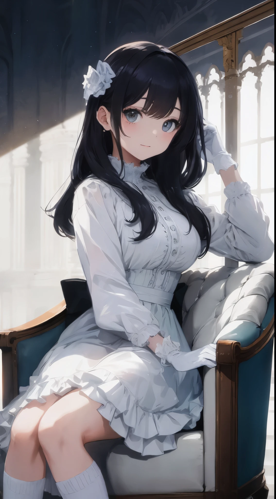 masterpiece、An ultra-high picture quality、hiquality、Big magic wand、long-sleeve、Long length dresses、Ankle-length skirt length、Ruffled socks、White dress with extra ruffles and high neck、Cute shape dresses、absurderes、smooth hair、Close up portrait of teenage princess in white gloves、King's Throne Room、Luxurious chairs、Red Jutan、Lavishly decorated walls、Gorgeous light、Back lighting、Blur the background