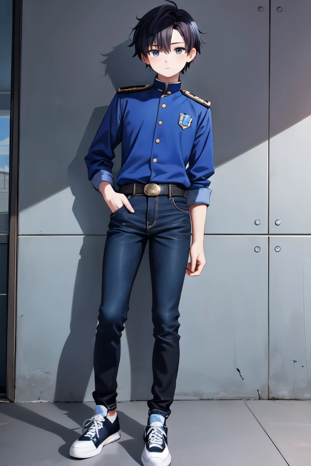 1boy, one boy, blue iris, skinny man, black hair, black and blue hair, a blue strand hair dye on the front left, 1.8m tall, 20 years old, blue uniform, elegant jeans, black sneakers. white skin.