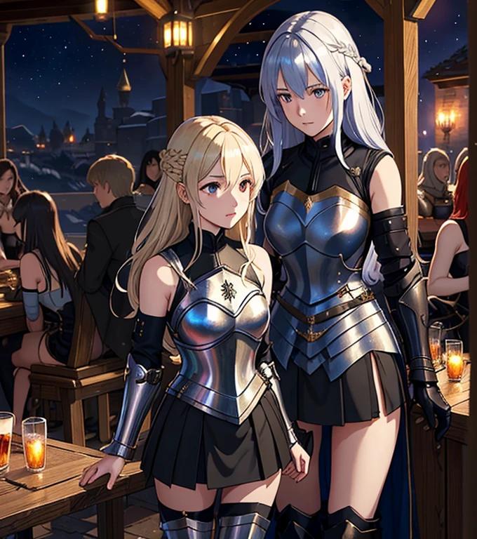 A group of young female knight, (in tavern), various hair styles, harem, wearing armored clothes, metal armor, night, details face, , short skirt, seducing, sword, sleeveless , night, starry night