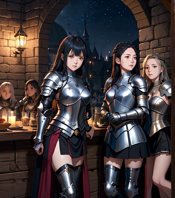 A group of young female knight, (in tavern), various hair styles, harem, wearing armored clothes, metal armor, night, details face, , short skirt, seducing, sword, sleeveless , night, starry night