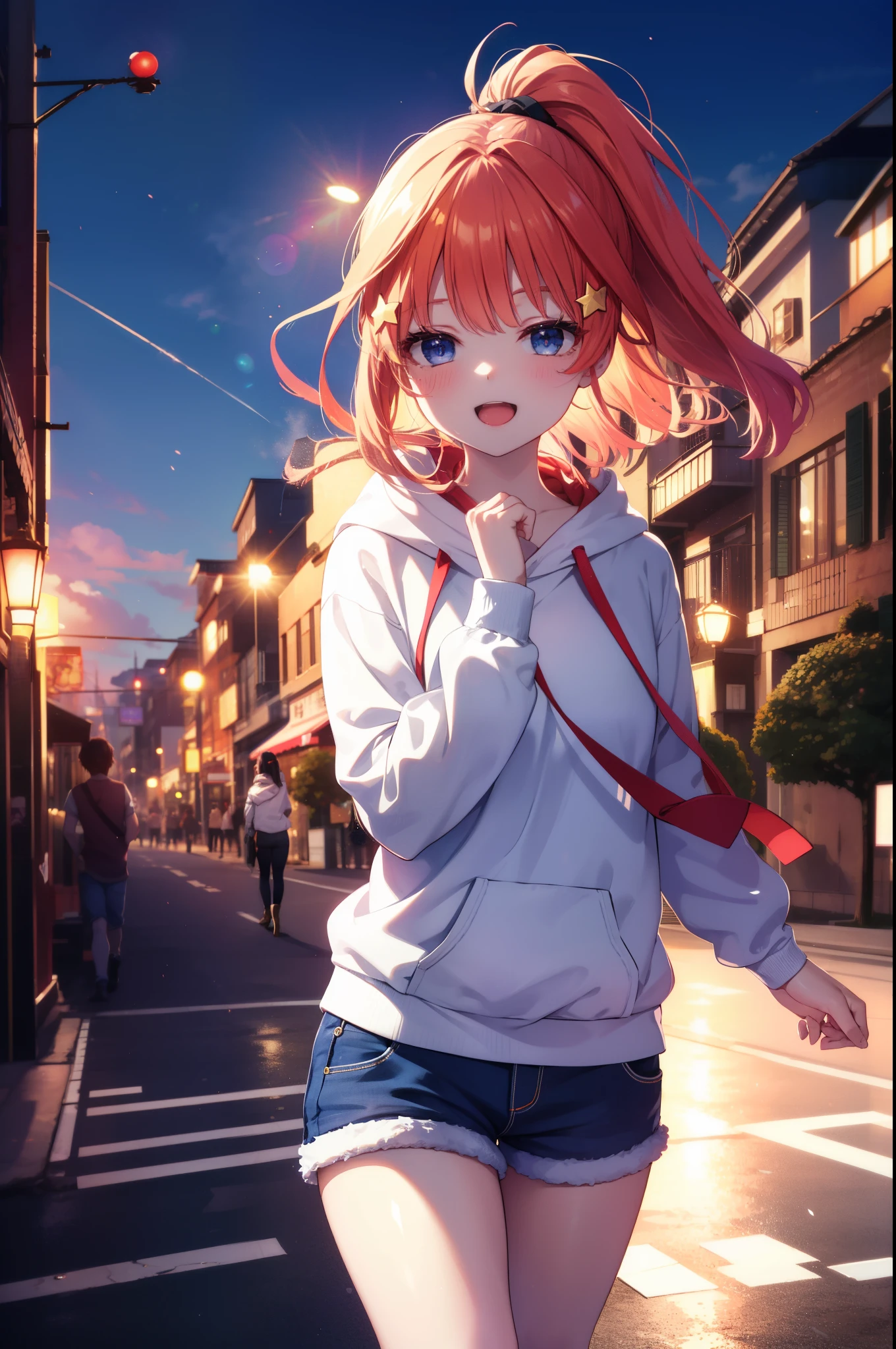 itsukinakano, Itsuki Nakano, bangs, blue eyes,Ahoge, Redhead, star \(symbol\),hair ornaments, star hair ornaments,happy smile, smile, Open your mouth,Short braided hair,Long Hair,ponytail,red oversized hoodie,Shorts,White pantyhose,short boots,(Great Laugh:1.1), (Open your mouth:1.1), Sun glare, Bokeh, Written boundary depth, blurred background, Particles of light, Strong winds, (Heart Particles:1.1)
break outdoors,In town,City Street,Building district , 　　　　　　　　　　　　　break looking at viewer,whole body, (Cowboy Shot:1. 5), break (masterpiece:1.2), highest quality, High resolution, unity 8k wallpaper, (shape:0.8), (Beautiful details:1.6), Highly detailed face, Perfect lighting, Highly detailed CG, (Perfect hands, Perfect Anatomy),