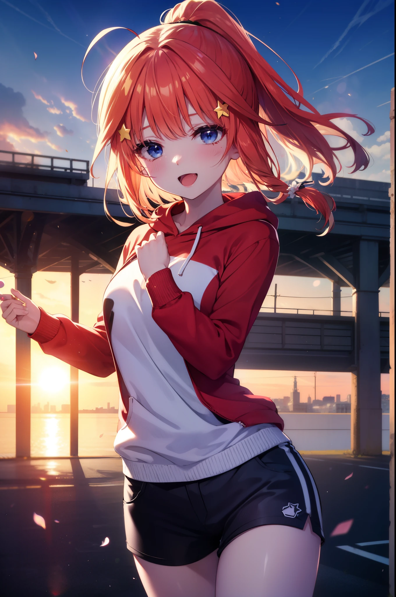 itsukinakano, Itsuki Nakano, bangs, blue eyes,Ahoge, Redhead, star \(symbol\),hair ornaments, star hair ornaments,happy smile, smile, Open your mouth,Short braided hair,Long Hair,ponytail,red oversized hoodie,Shorts,White pantyhose,short boots,(Great Laugh:1.1), (Open your mouth:1.1), Sun glare, Bokeh, Written boundary depth, blurred background, Particles of light, Strong winds, (Heart Particles:1.1)
break outdoors,In town,City Street,Building district , break looking at viewer,whole body, (Cowboy Shot:1. 5), break (masterpiece:1.2), highest quality, High resolution, unity 8k wallpaper, (shape:0.8), (Beautiful details:1.6), Highly detailed face, Perfect lighting, Highly detailed CG, (Perfect hands, Perfect ),
