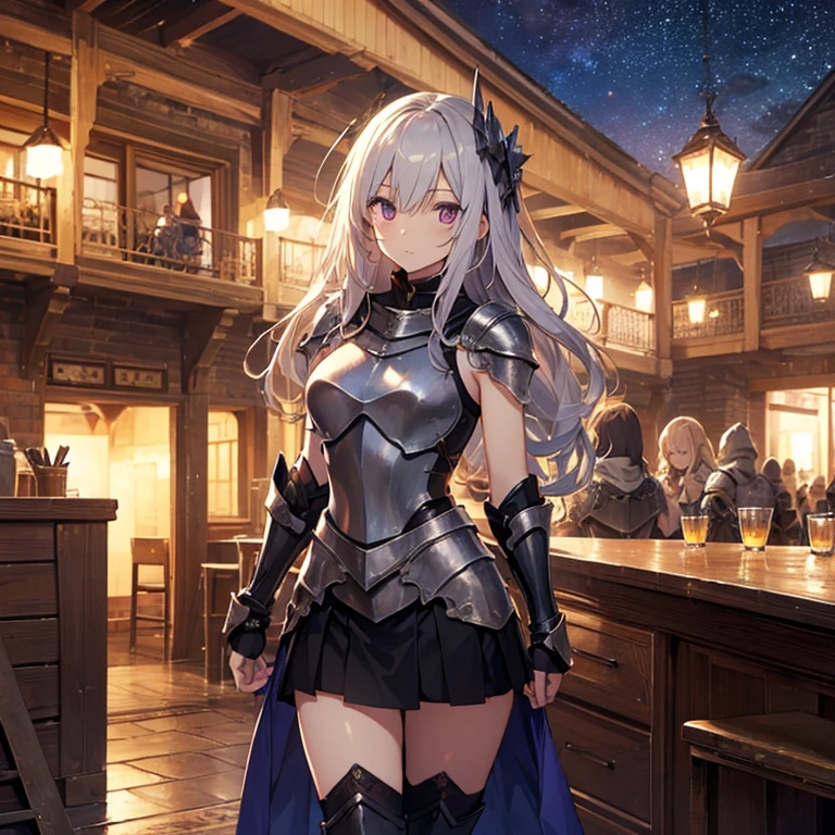 A group of young female knight, (in tavern), various hair styles, harem, wearing armored clothes, metal armor, night, details face, , short skirt, seducing, sword, sleeveless , night, starry night