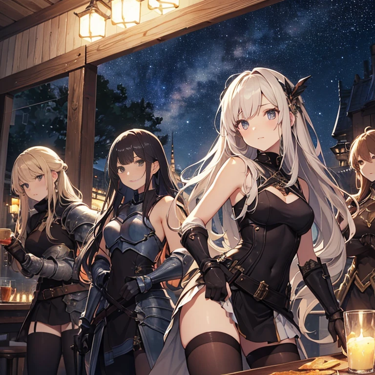 A group of young female knight, (in tavern), various hair styles, harem, wearing armored clothes, metal armor, night, details face, , short skirt, seducing, sword, sleeveless , night, starry night
