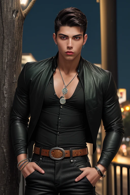 20 year old handsome latin man athletic build muscular slim black shirt open jacket black jean pants black leather belt with silver buckle tree shape arrow medallion black bead bracelet background of new orleans at night brown hair with white green eyes 