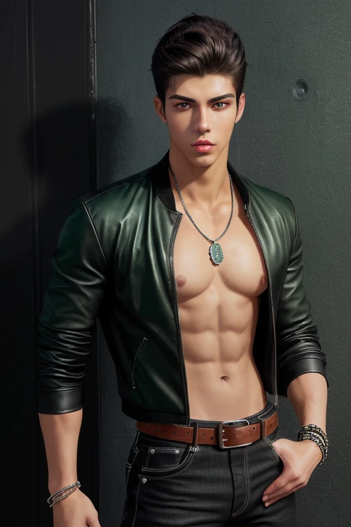20 year old handsome latin man athletic build muscular slim black shirt open jacket black jean pants black leather belt with silver buckle tree shape arrow medallion black bead bracelet background of new orleans at night brown hair with white green eyes