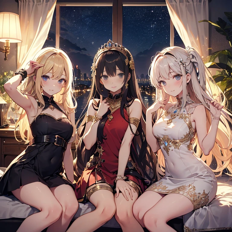 A group of young princesses, (in bedroom), various hair styles, harem, wearing royal dress, night, details face, , short skirt, seducing, sleeveless , showing armpits, night, starry night