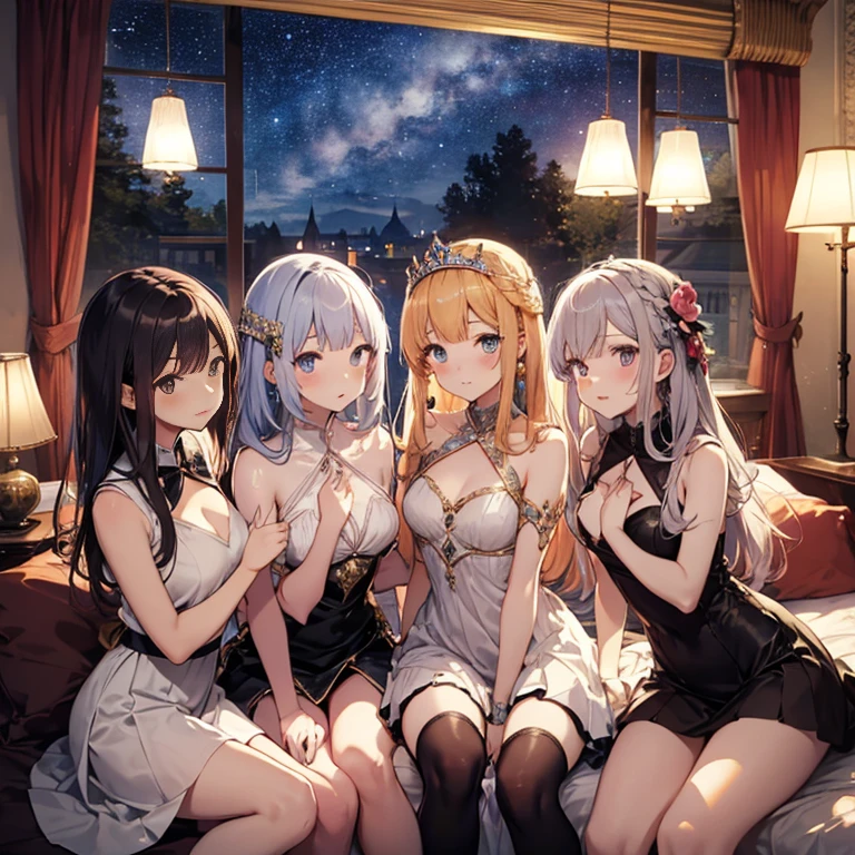 A group of young princesses, (in bedroom), various hair styles, harem, wearing royal dress, night, details face, , short skirt, seducing, sleeveless , showing armpits, night, starry night
