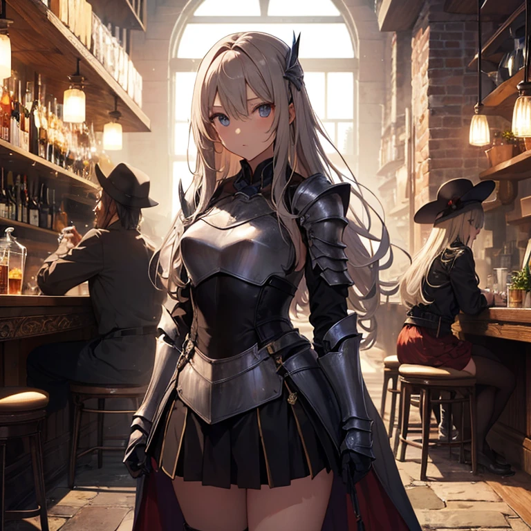 A group of young female knight, (in tavern), various hair styles, harem, wearing armored clothes, metal armor, night, details face, , short skirt, seducing, sword, sleeveless , night, starry night 