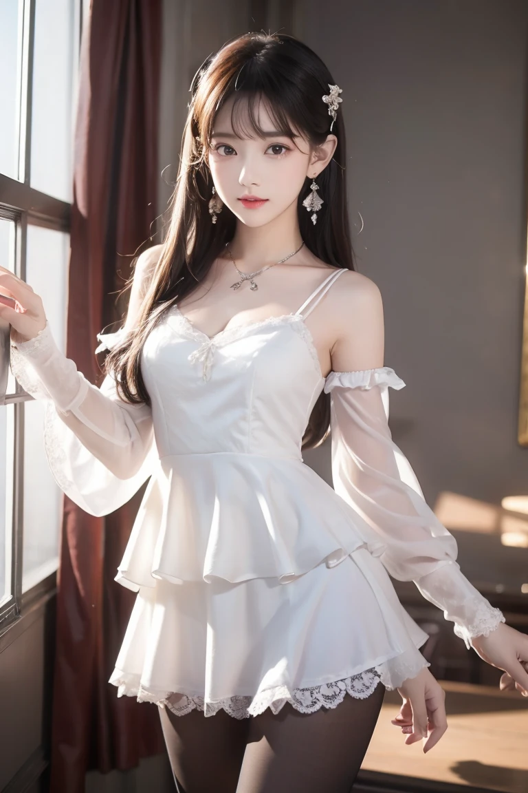 realism: 1.3, masterpiece, best quality, high resolution, detail: 1.2, 1 girl, hairpin, Pretty Face, Delicateeyes, Tassel Earrings, necklace, ribbon, elegant standing posture, aesthetics, Movie Lighting, Ray Tracing, Depth of Field, layered, Flutter, Lace full body, One foot white pantyhose, One foot black pantyhose