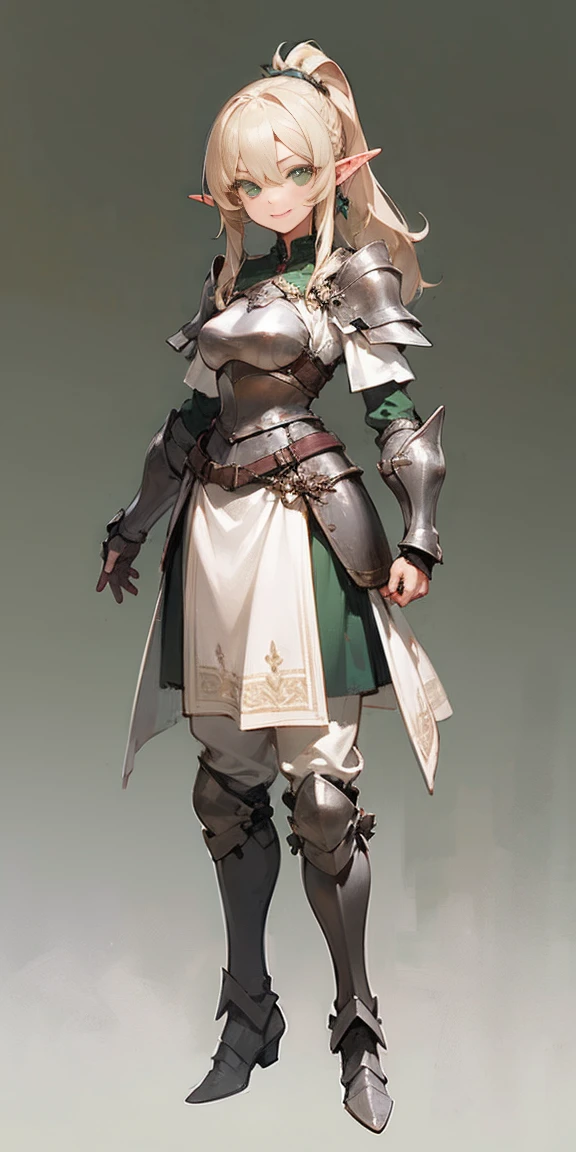 hands on sides, (masterpiece), ultra-detailed, 1girl, detailed eyes, medium breasts, gray background, elf, elf ears, (full body), , green eyes, gray background, full plate armor, comfident smile, staring at the viewer, blond hair in a ponytail, standing
