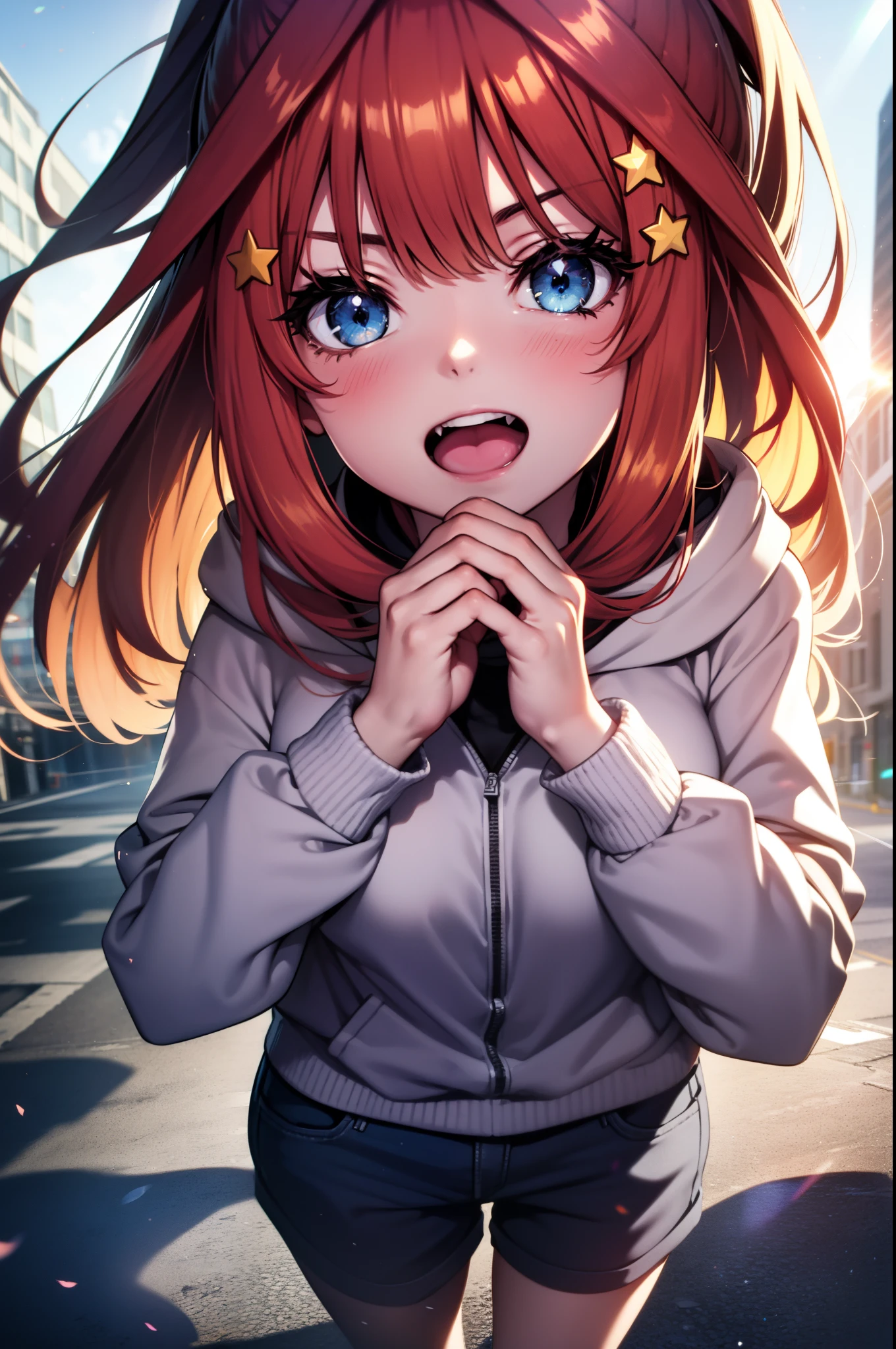 itsukinakano, Itsuki Nakano, bangs, blue eyes,Ahoge, Redhead, star \(symbol\),hair ornaments, star hair ornaments,happy smile, smile, Open your mouth,Short braided hair,Long Hair,ponytail,Medium Breast,red oversized hoodie,Shorts,White pantyhose,short boots,(Great Laugh:1.1), (Open your mouth:1.1), Sun glare, Bokeh, Written boundary depth, blurred background, Particles of light, Strong winds, (Heart Particles:1.1)
break outdoors,In town,City Street,Building district , break looking at viewer,whole body, (Cowboy Shot:1. 5), break (masterpiece:1.2), highest quality, High resolution, unity 8k wallpaper, (shape:0.8), (Beautiful details:1.6), Highly detailed face, Perfect lighting, Highly detailed CG, (Perfect hands, Perfect Anatomy),