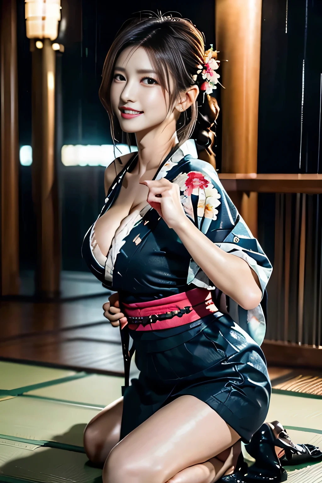 Idol,With a round face,A smile that makes people happy,Classroom walls and windows in the background,(((Intense dance motion:1.3))),(let me'Spread your hands and dance rhythmically:1.3),(((Dance that emphasizes breasts:1.3))),(Stand up and get on one knee:1.3),Add a motion blur effect to simulate motion,(Dynamic and sexy dance poses),(Lean forward:1.3),((( kimono:1.3))),Big and ample breasts,Clothing gets messy due to movement,(The skirt rises with the dance movements:1.3)(Flower Hair Ornaments,Floral braided top knot,Twisted Side Part Ponytail,Floral knit headband,Half Up、Floral braided space buns,Voluminous fishtail braid,Twisted pan,),(Transparent bang),(Dynamic Angle),(Dynamic and sexy pose),Very delicate and beautiful hair,Hair floating on large breasts,Looking at the audience,(Professional Lighting),highest quality,Ultra-high resolution output images,(8K quality,),(SeaArt 2 Mode.1),(Picture Mode Ultra HD,),Beautiful Hands,Beautiful fingers,Detailed functions of the fingers,Detailed features of the clothing,Detailed characteristics of hair,Detailed facial features,