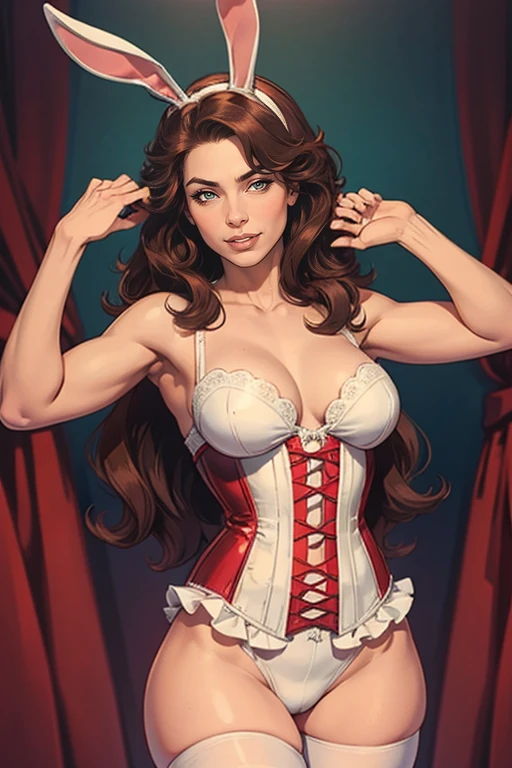 A woman with brown hair and blue eyes, dressed in a white and red corset and bunny ears, poses for the camera.