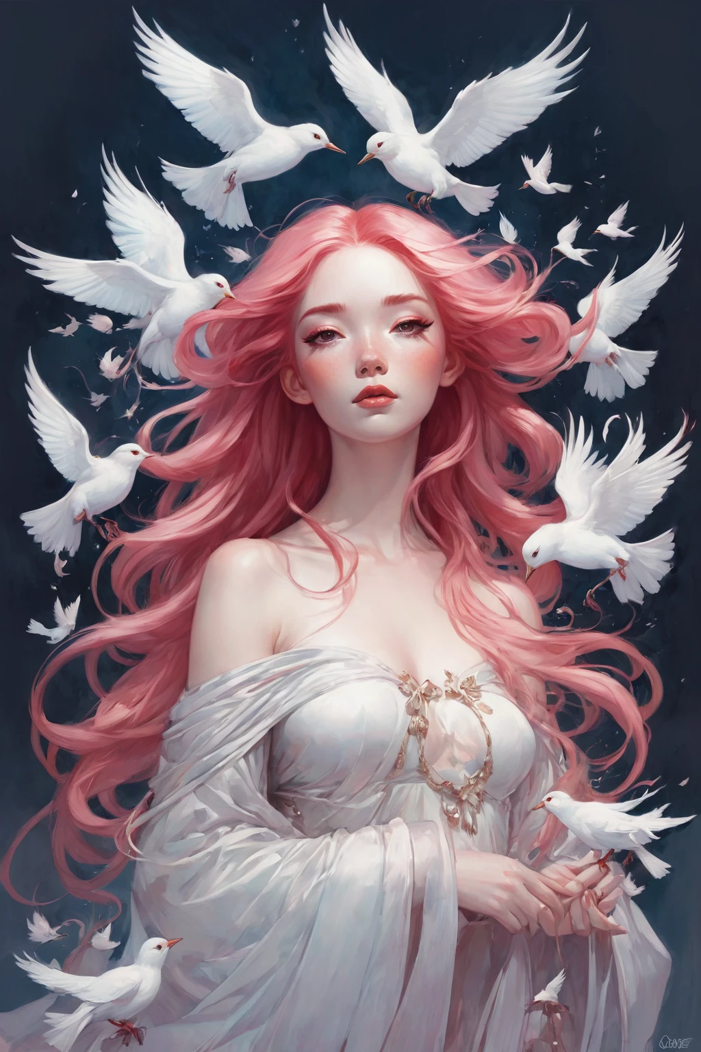 A queen with long pink hair and a bunch of white birds, loish and wlop, artgerm and james jean, red haired goddess, by loish, inspired by Ross Tran, james jean and wlop, cloud goddess, by Ross Tran, artwork in the style of guweiz, loish and ross tran, style of peter mohrbacher
