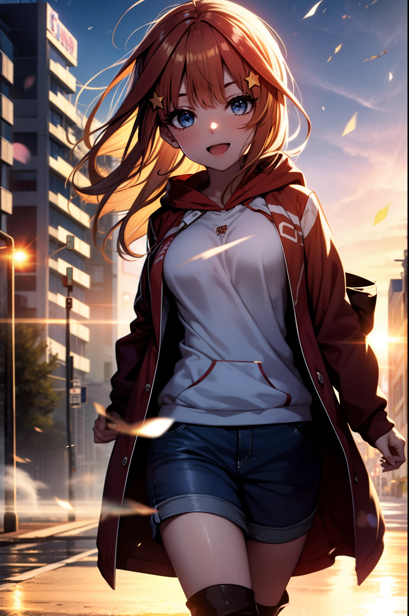 itsukinakano, Itsuki Nakano, bangs, blue eyes,Ahoge, Redhead, star \(symbol\),hair ornaments, star hair ornaments,happy smile, smile, Open your mouth,Short braided hair,Long Hair,ponytail,Medium Breast,red oversized hoodie,Shorts,White pantyhose,short boots,(Great Laugh:1.1), (Open your mouth:1.1), Sun glare, Bokeh, Written boundary depth, blurred background, Particles of light, Strong winds, (Heart Particles:1.1)
break outdoors,In town,City Street,Building district , break looking at viewer,whole body, (Cowboy Shot:1. 5), break (masterpiece:1.2), highest quality, High resolution, unity 8k wallpaper, (shape:0.8), (Beautiful details:1.6), Highly detailed face, Perfect lighting, Highly detailed CG, (Perfect hands, Perfect Anatomy),