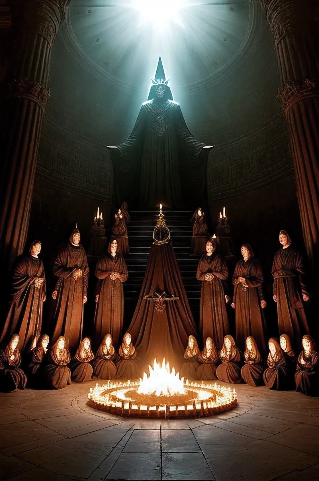 A satanic sect of twelve individuals, gathered in the dimly lit and obscure surroundings, pay homage to a towering statue of Satan. The figure, bathed in darkness, looms over them with its intricately carved features, as the group bows their heads in prayer. Each member, clad in robes of varying shades of dark hues, reveals their faces as they chant ancient sentences, the pentagram symbol prominently displayed amongst them, symbolizing their unwavering allegiance to the dark lord. Their worship, shrouded in secrecy and mystery, unfolds in this chilling tableau, a testament to their devotion and commitment.