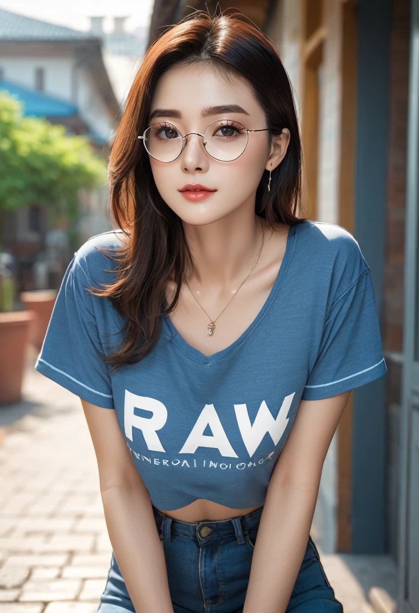 (RAW Photos, 4K, masterpiece, High resolution, Very complex) (Realistic: 1.4), Cinema Lighting, 1 girl, Focus Only, Summer noon, hot, 1990s (style), Denim Lenses, indoor, Short sleeve T-shirt