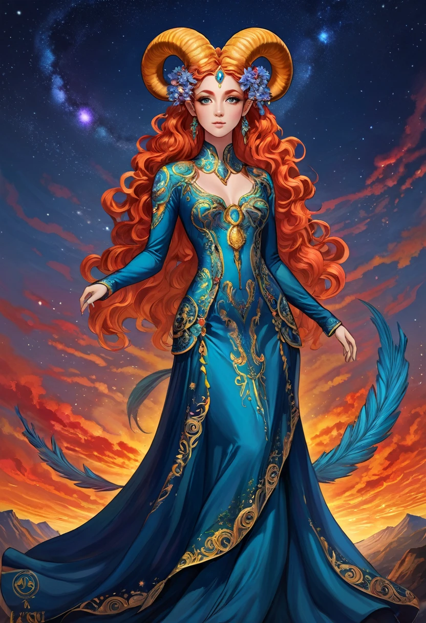 (Absurd, High resolution, Super detailed), One girl, Zodiac sign - Aries Goddess , alone, mature, Baroque, Long dress, Long sleeve, elegant, colorful, Most detailed, Upper Body , Sunset Hair . Eye of Fire . Brave, Selfish, Productive, The face of an enterprising humanitarian .