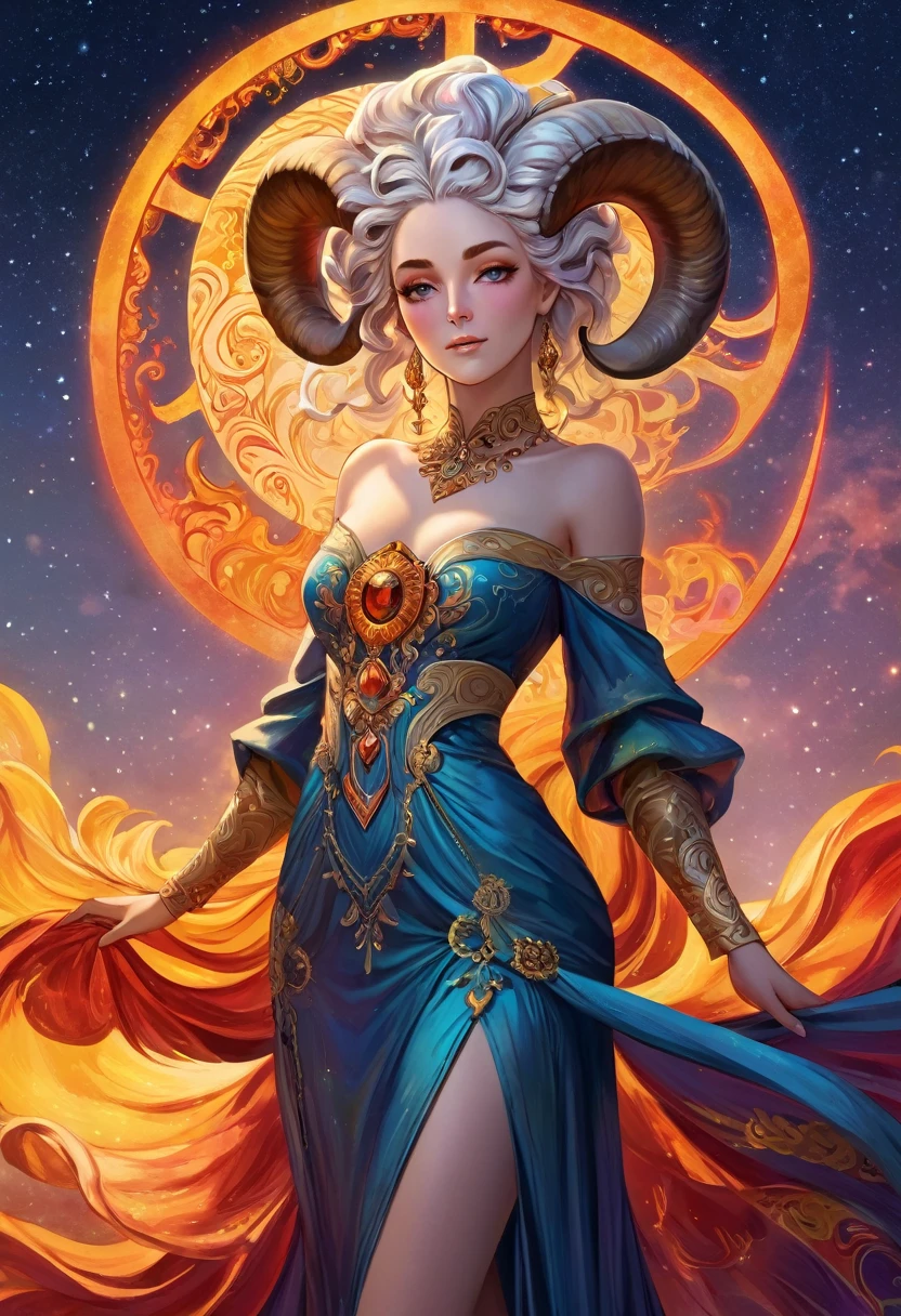 (Absurd, High resolution, Super detailed), One girl, Zodiac sign - Aries Goddess , alone, mature, Baroque, Long dress, Long sleeve, elegant, colorful, Most detailed, Upper Body , Sunset Hair . Eye of Fire . Brave, Selfish, Productive, The face of an enterprising humanitarian .