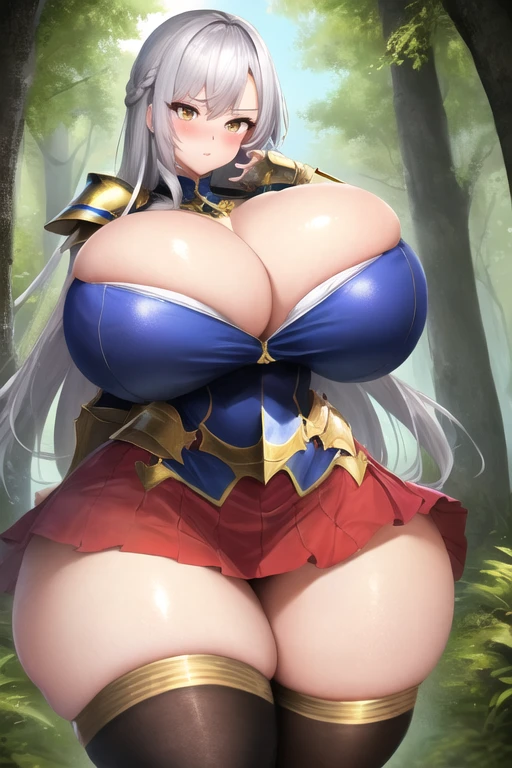 masterpiece, best quality, 1girl, forest, white hair, long hair, golden eyes, cute, blushing, horny, (silver and gold knight armor:1.2), skirt, thigh highs, (curvy, slim waist, big breasts, bursting breasts, bottomheavy, insanely wide hips, gigantic thighs:1.2)
