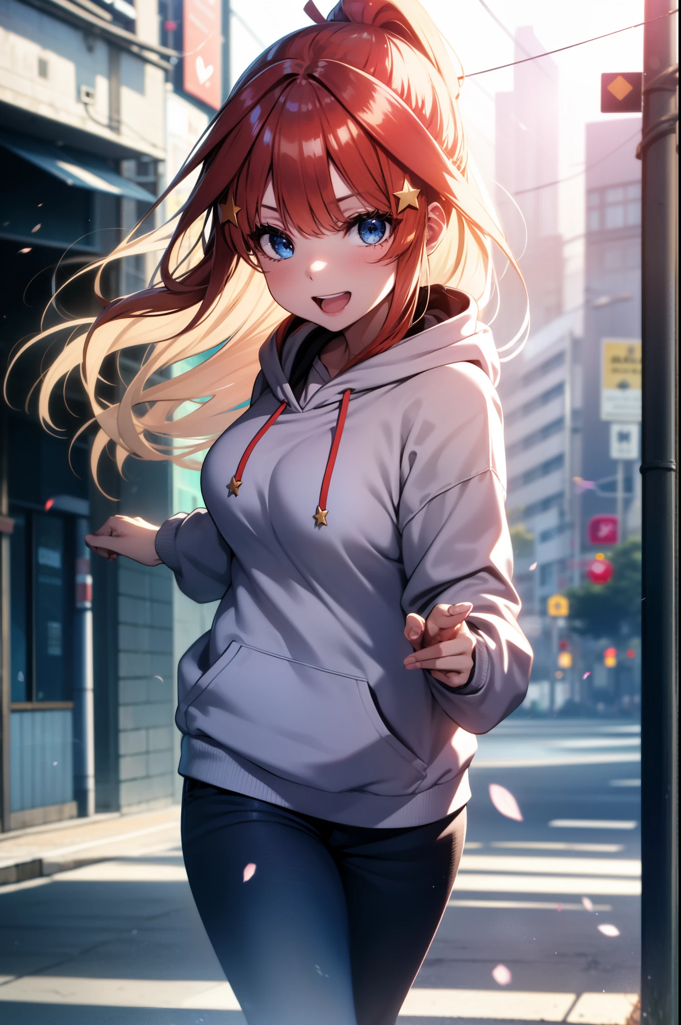 itsukinakano, Itsuki Nakano, bangs, blue eyes,Ahoge, Redhead, star \(symbol\),hair ornaments, star hair ornaments,happy smile, smile, Open your mouth,Short braided hair,Long Hair,ponytail,Medium Breast,red oversized hoodie,Shorts,White pantyhose,short boots,walking,(Great Laugh:1.1), (Open your mouth:1.1), Sun glare, Bokeh, Written boundary depth, blurred background, Particles of light, Strong winds, (Heart Particles:1.1)
break outdoors,In town,City Street,Building district , break looking at viewer,whole body, (Cowboy Shot:1. 5), break (masterpiece:1.2), highest quality, High resolution, unity 8k wallpaper, (shape:0.8), (Beautiful details:1.6), Highly detailed face, Perfect lighting, Highly detailed CG, (Perfect hands, Perfect Anatomy),