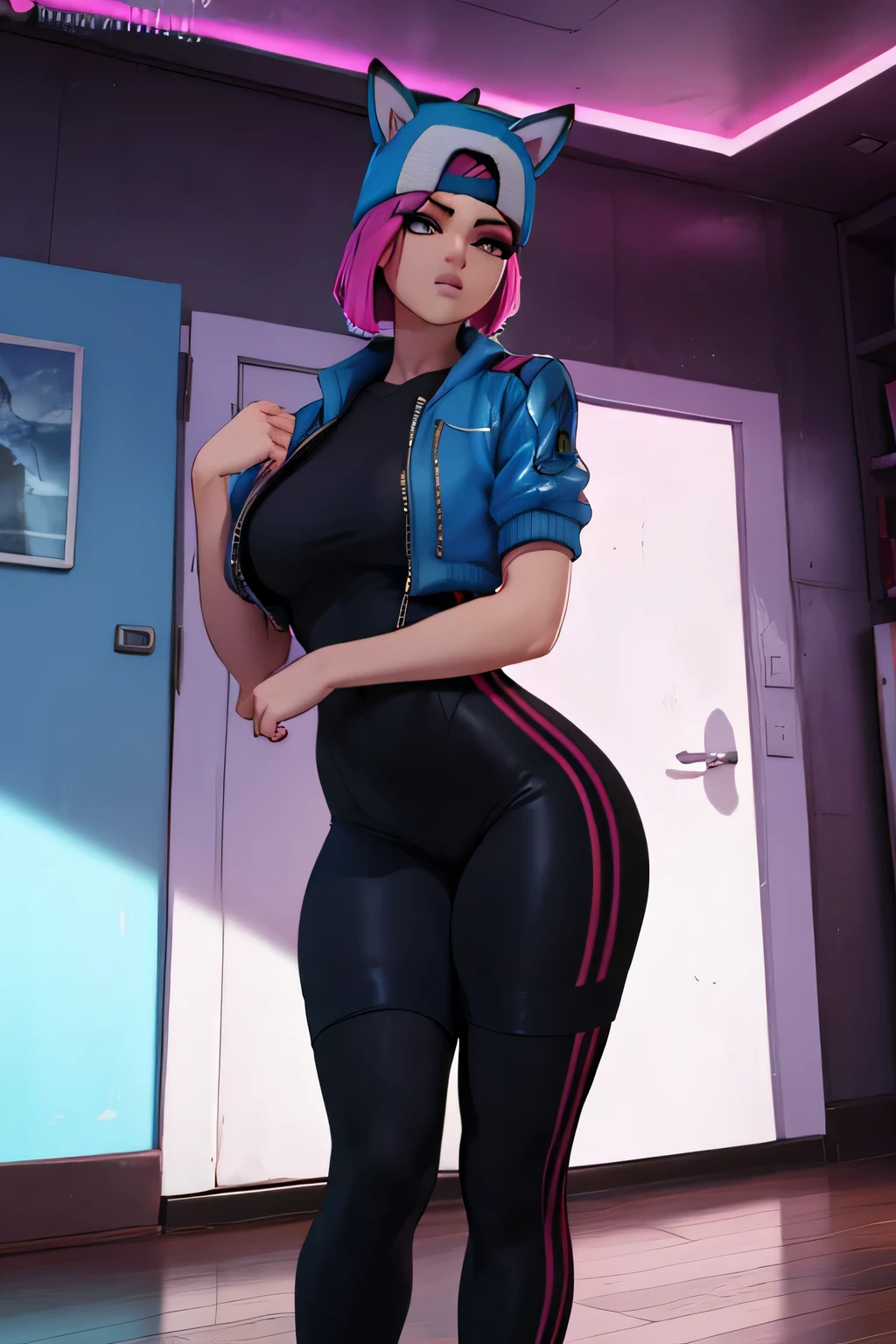 Lynx, mirando al espectador, alto detallado,Extremadamente detallado, Ojos finos, pose femenino, pelo corto rosa,gorra, chaqueta azul, guante sin dedos, con curvas, leggins azul con Negro, room with neon light