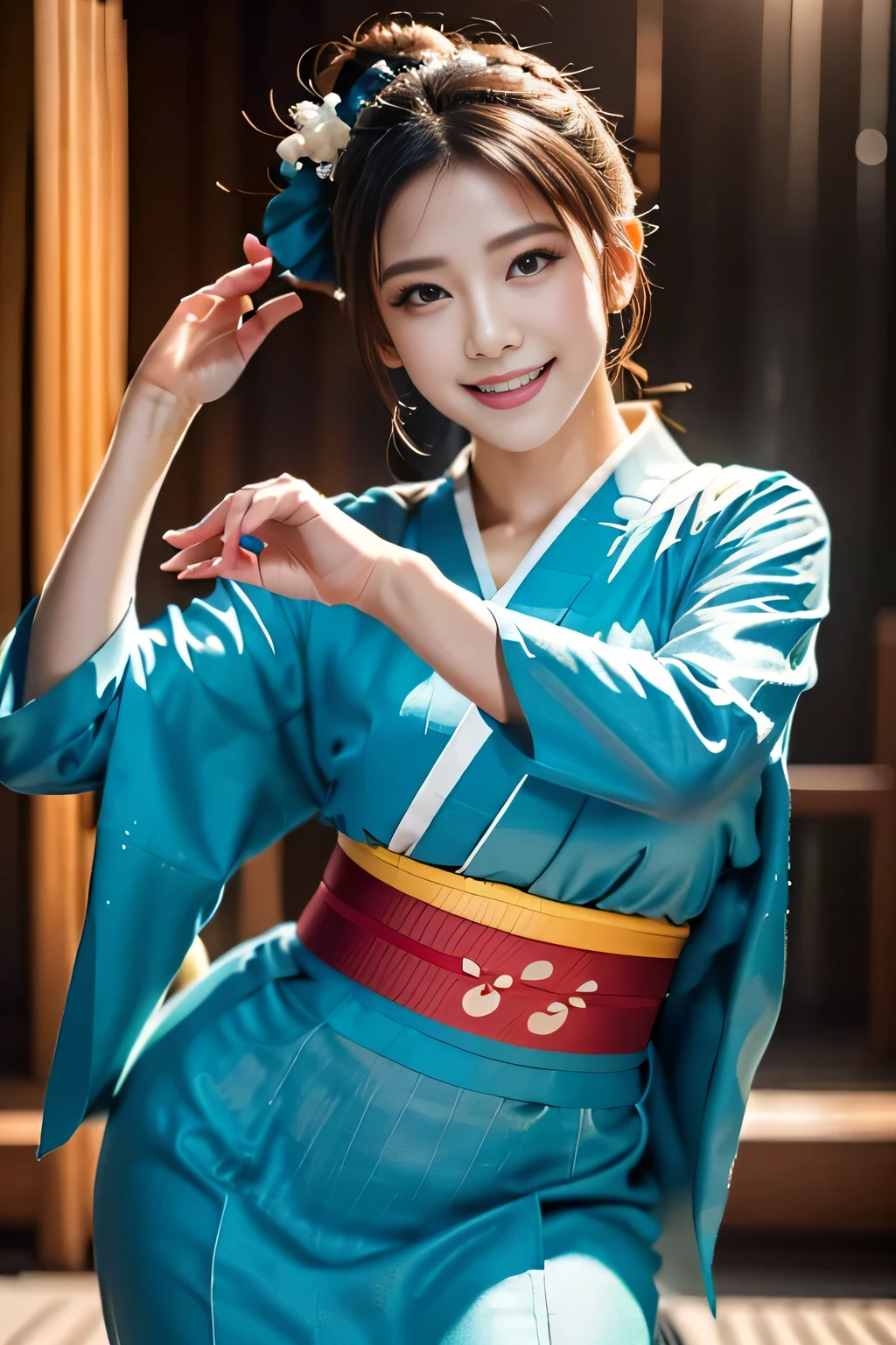 Idol,With a round face,A smile that makes people happy,Classroom walls and windows in the background,(((Intense dance motion:1.3))),(let me'Spread your hands and dance rhythmically:1.3),(((Dance that emphasizes breasts:1.3))),(Stand up and get on one knee:1.3),Add a motion blur effect to simulate motion,(Dynamic and sexy dance poses),(Lean forward:1.3),((( kimono:1.3))),Big and ample breasts,Clothing gets messy due to movement,(The skirt rises with the dance movements:1.3)(Flower Hair Ornaments,Floral braided top knot,Twisted Side Part Ponytail,Floral knit headband,Half Up、Floral braided space buns,Voluminous fishtail braid,Twisted pan,),(Transparent bang),(Dynamic Angle),(Dynamic and sexy pose),Very delicate and beautiful hair,Hair floating on large breasts,Looking at the audience,(Professional Lighting),highest quality,Ultra-high resolution output images,(8K quality,),(SeaArt 2 Mode.1),(Picture Mode Ultra HD,),Beautiful Hands,Beautiful fingers,Detailed functions of the fingers,Detailed features of the clothing,Detailed characteristics of hair,Detailed facial features,