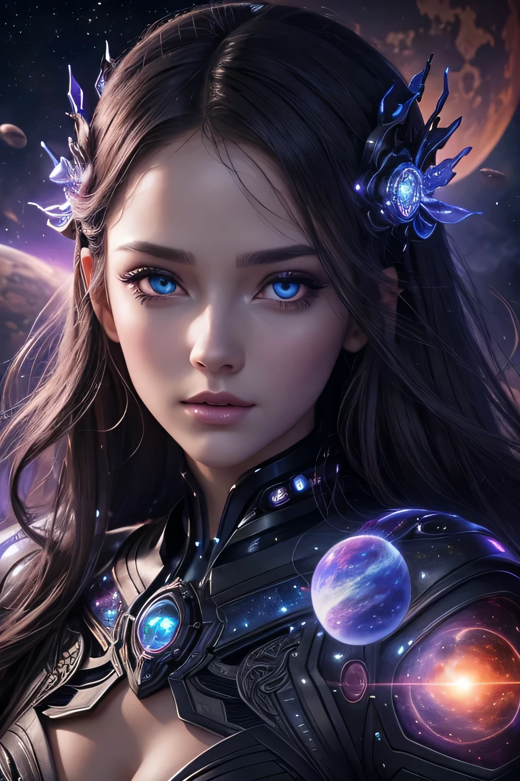 Close-up face of an ethereal, cybernetic princess with eyes on fire, FANTASY TEMPTRESS, translucent details with intricate folds, faces a vision of perfection, against the backdrop of space, planets and galaxies, surreal, complex and whimsically beautiful detail. Highly detailed thought waves and vortices of pulsing neurons, intense stimulation of the senses, capture intricate fantasy artwork, 8k, HDR.