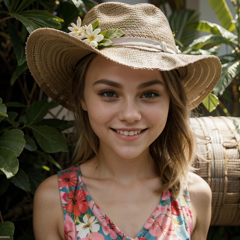 AnnaSophia Robb in Hawaii dressed in spring clothes with hat smiling