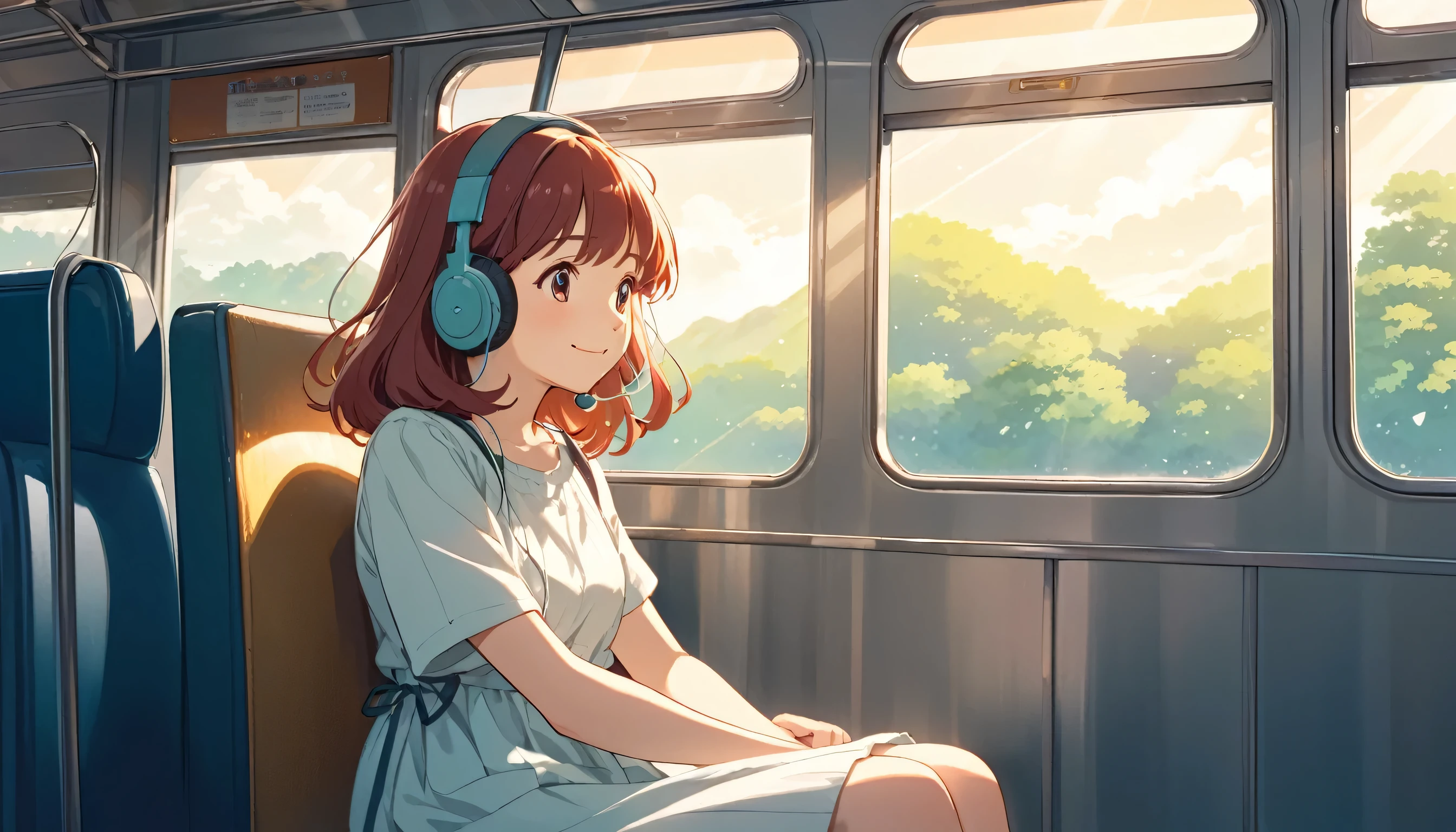 Ghibli style, Japanese girl sitting on a train chair, tranquil scenery seen from the train window, smiling face looking out the window, cute anime-like girl, listening to music through earphones, bright morning light shining inside the train
