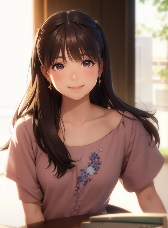 High resolution,In 8K,highest quality,detailed,Semi-realistic anime,Anime 3D Style,Smooth anime CG,One Girl,19-year-old woman in Japan,slim,Modeled,Shiny brown hair,Medium Hair,detailedな顔,Beautiful and detailed,Glowing Skin,Red cut and sew earrings,straggling hair,Angelic hairstyle,(Double eyelids and round eyes),Small breasts,((Looking at the camera)),((Mouth closed)),((smile))