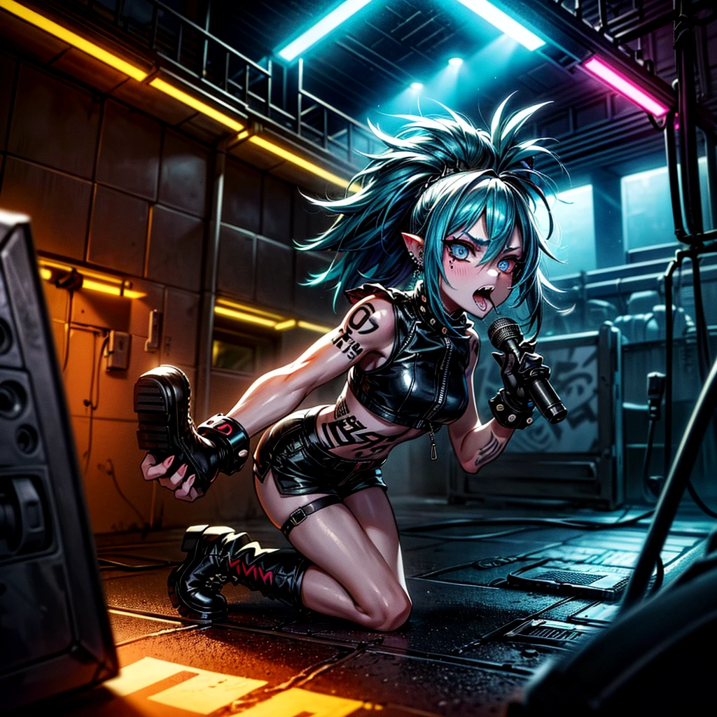 Cute punk rock snail girl,pale blue hair and eyes,paper white skin,muscular, eyeliner,black leather jacket,glowing blue tattoos,black leather boots,crop top,(best quality,highres,4k,masterpiece:1.2),ultra-detailed,portrait,graffiti,wild expression,skull rings and bracelets,piercings on her face and ears,city skyline at night,neon lights,grungy graffiti-covered walls,dark alleyway,vibrant punk fashion and accessories,dynamic pose,energetic movement,fierce and confident expression,punk rock attitude and rebellious spirit,smoke effects and fog machine,strobe lights and colorful stage lighting,vivid colors,high contrast,edgy and gritty atmosphere,genuine punk rock feel,grunge and distortion effects,smudged makeup,spiky hair,riotous energy,cool and rebellious demeanor,sharp details and textures,gritty urban setting,street art and punk culture elements,raw and energetic performance,in-your-face intensity,indie music scene,expressive eyes,high-energy performance,powerful vocals and lyrics,raw emotions,earthy and rugged vibes,electric energy,urban rebellion,punk rock fashion statement,unique and alternative style,subculture and individuality.