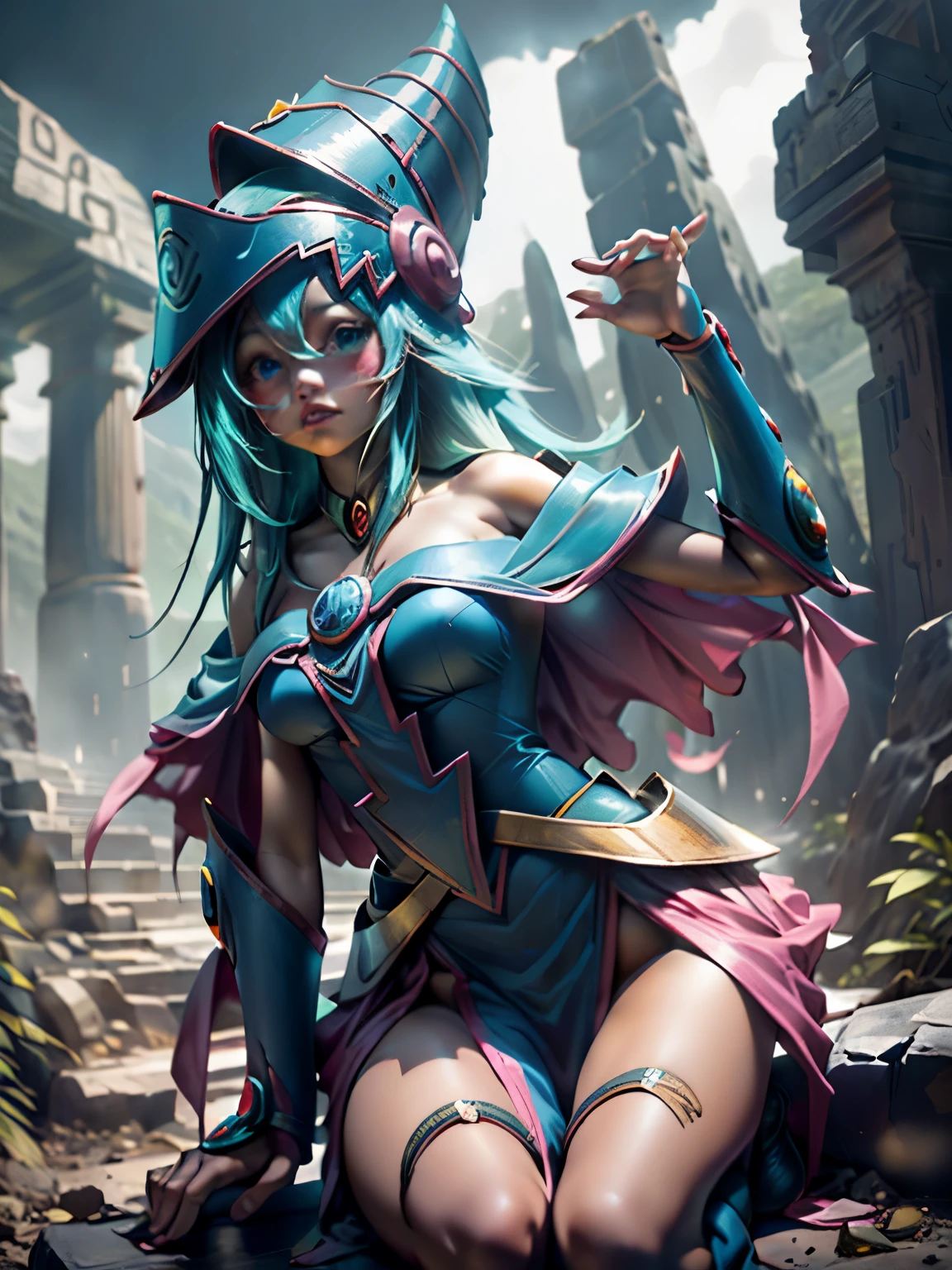 Hermosa dark magician gils. She is in the Mayan jungle. En medio de las ruinas mayas de Tikal.