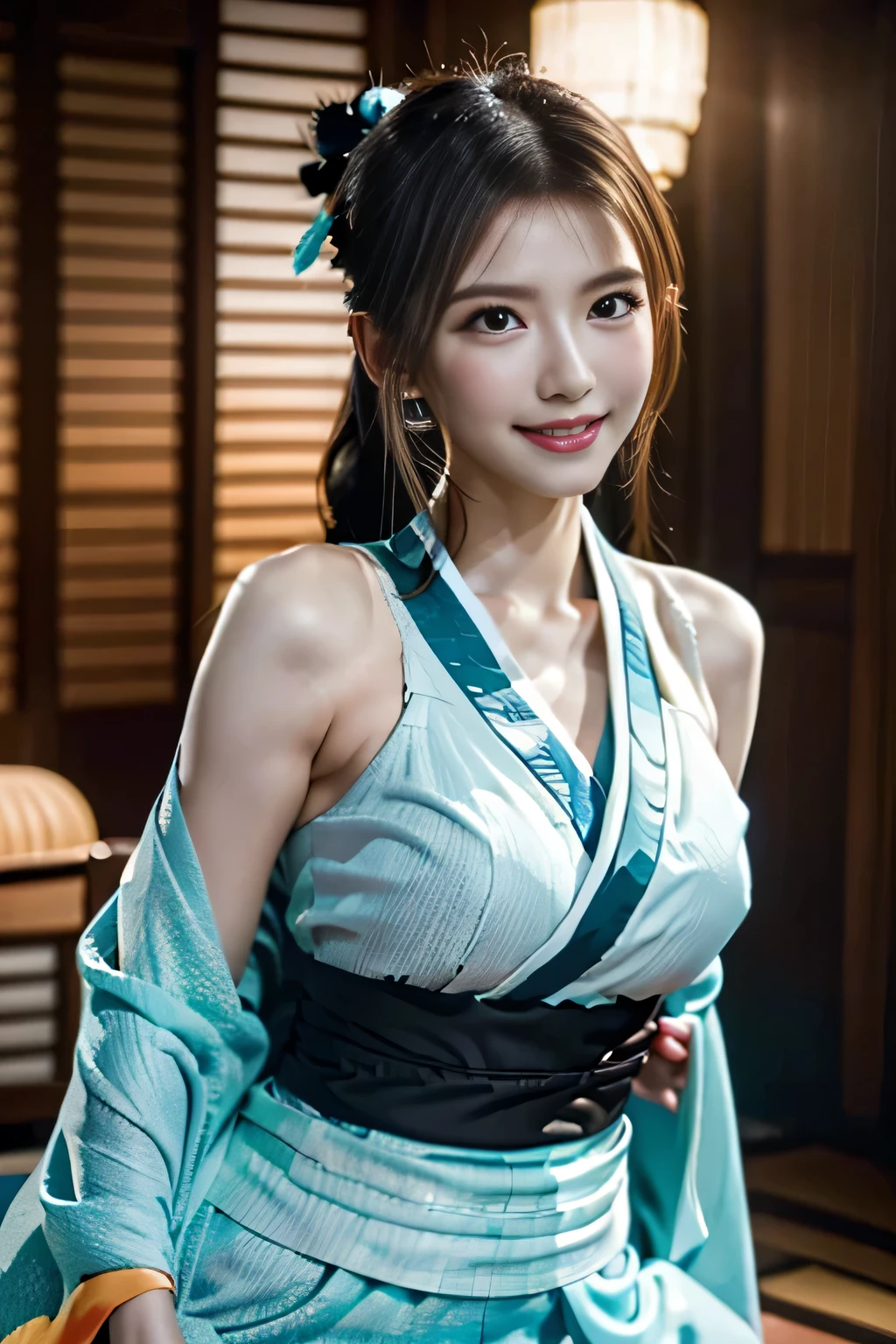 Idol,With a round face,A smile that makes people happy,Classroom walls and windows in the background,(((Intense dance motion:1.3))),(let me'Spread your hands and dance rhythmically:1.3),(((Dance that emphasizes breasts:1.3))),(Stand up and get on one knee:1.3),Add a motion blur effect to simulate motion,(Dynamic and sexy dance poses),(Lean forward:1.3),((( kimono:1.3))),Big and ample breasts,Clothing gets messy due to movement,(The skirt rises with the dance movements:1.3)(Flower Hair Ornaments,Floral braided top knot,Twisted Side Part Ponytail,Floral knit headband,Half Up、Floral braided space buns,Voluminous fishtail braid,Twisted pan,),(Transparent bang),(Dynamic Angle),(Dynamic and sexy pose),Very delicate and beautiful hair,Hair floating on large breasts,Looking at the audience,(Professional Lighting),highest quality,Ultra-high resolution output images,(8K quality,),(SeaArt 2 Mode.1),(Picture Mode Ultra HD,),Beautiful Hands,Beautiful fingers,Detailed functions of the fingers,Detailed features of the clothing,Detailed characteristics of hair,Detailed facial features,