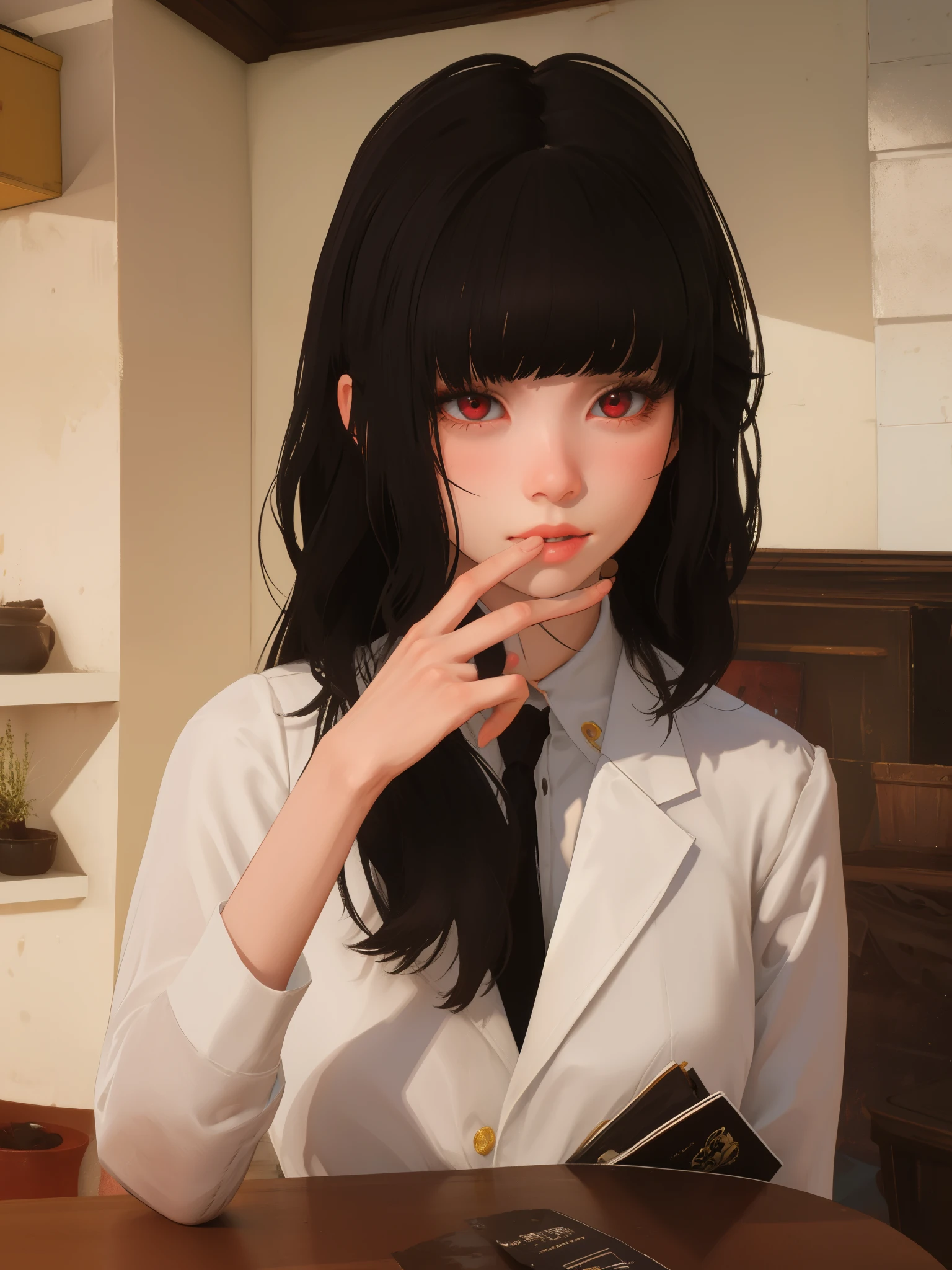 masterpiece, highly detailed, best quality, 1girl, solo, Luna, black hair, red eyes, long hair, blunt bangs, uniform.