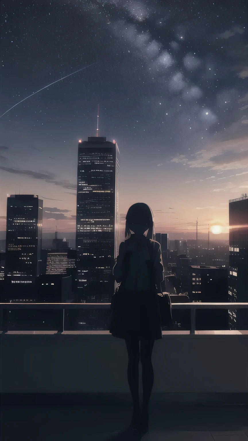 anime,silhouette,1girl, star (sky), cloud, cityscape, building, city, outdoors, skyscraper, city lights, night, night sky, sunset, skyline