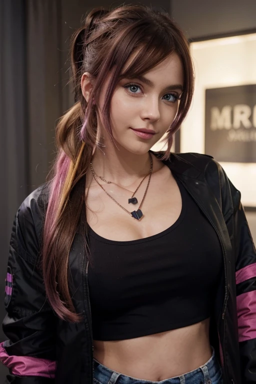 - Zoe\(Palworld\), 1 girl, One, jacket, black jacket, ponytail, Brown hair, multicolored hair, highlighted hair, smile, Jewelry, It has, looking away, necklace, Blue eyes, crop top, a lot of decorations, triangular chin, a pointy chin, big eyes, bright makeup, long hair, upper body, necklace, shirt, breast, open jacket, virtual youtuber, open clothes, Pink hair, black necklace, purple shirt, long sleeves, parted lips, split, blurred, bang, rock style, young, leaning pose