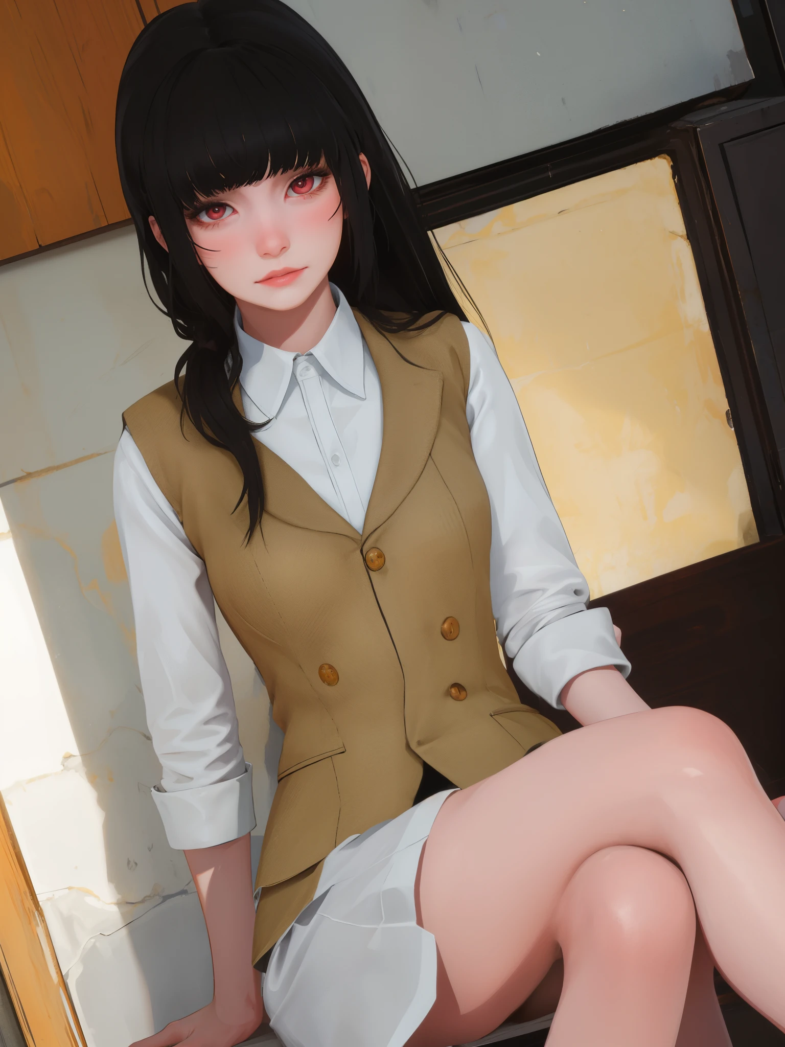 masterpiece, highly detailed, best quality, 1girl, solo, Luna, black hair, red eyes, long hair, blunt bangs, uniform.