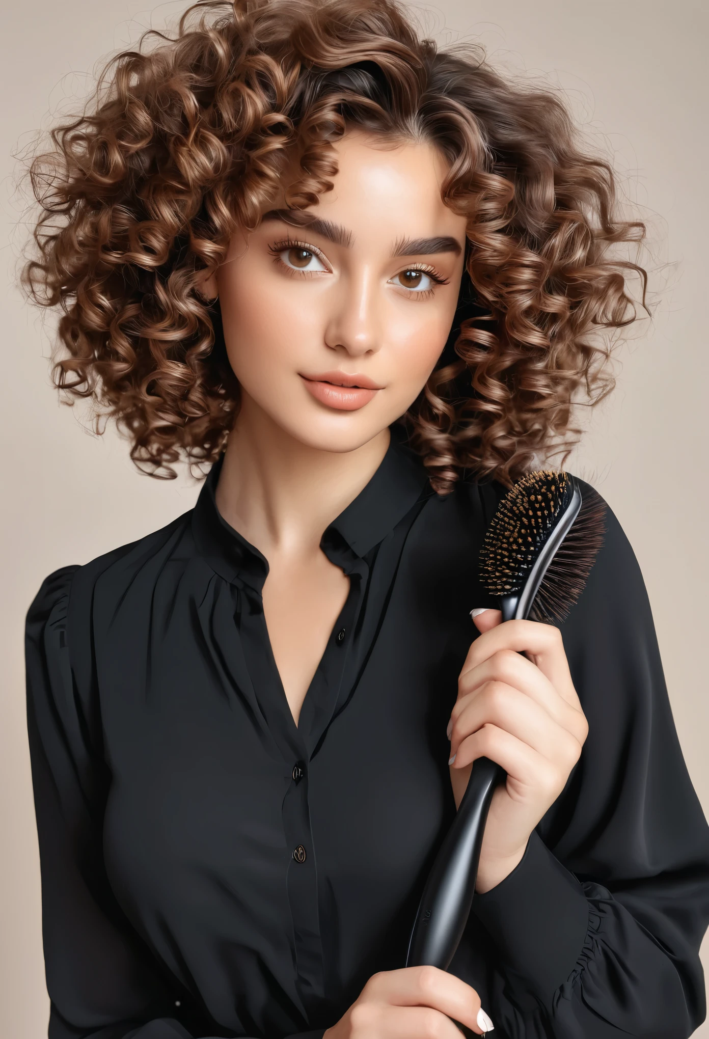 Make a 3d style POST of a woman with curly hair, brown eyes and fair skin with a hairbrush in her hand wearing a black blouse