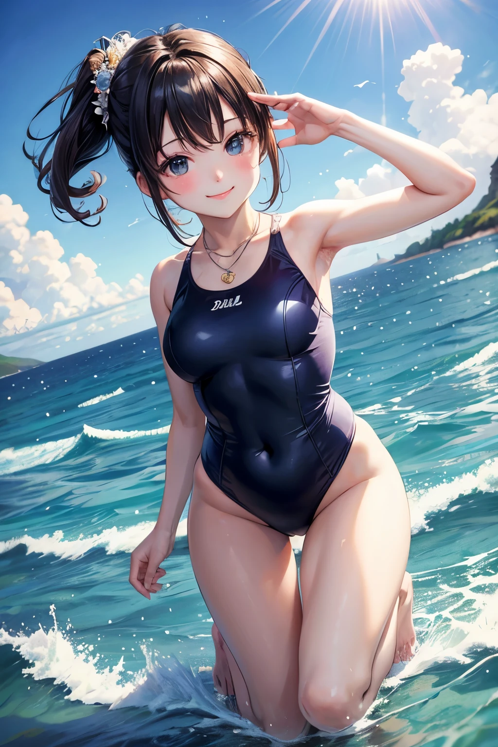 masterpiece、Mastepiece、girl、Random hairstyle、Clear eyes、Smiling at the audience、Perfect proportions、full body shot、Random Swimsuit、Sexy pose、The background is the sea
