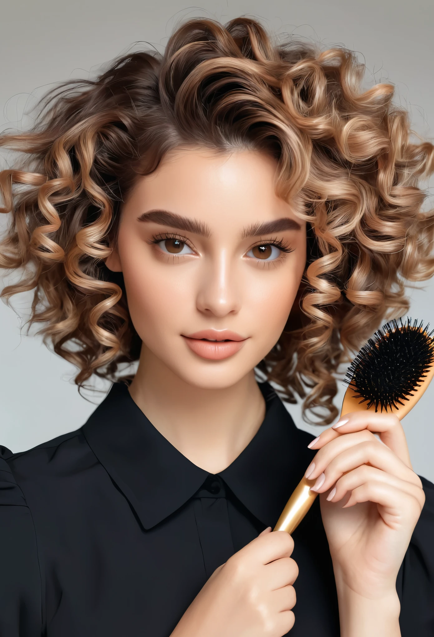 Make a 3d style POST of a woman with curly hair, brown eyes and fair skin with a hairbrush in her hand wearing a black blouse
