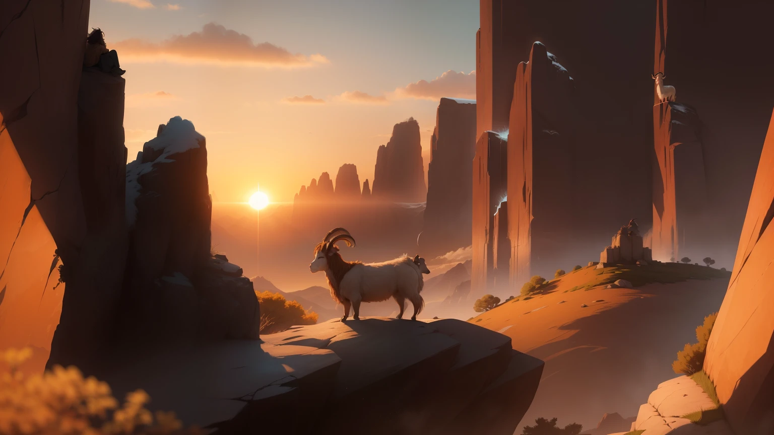 A solitary male goat, with his shaggy coat ruffling in the wind, wanders into the distance in a Bible illustration. The sun sets behind him, casting long shadows over the rocky terrain. The goat looks up at the sky, his horns framed against the fiery orange hues of the sunset. The scene is filled with a sense of quiet contemplation and isolation. The goat appears lost in thought as he continues on his journey, leaving the viewer to ponder the reasons behind his solitude.