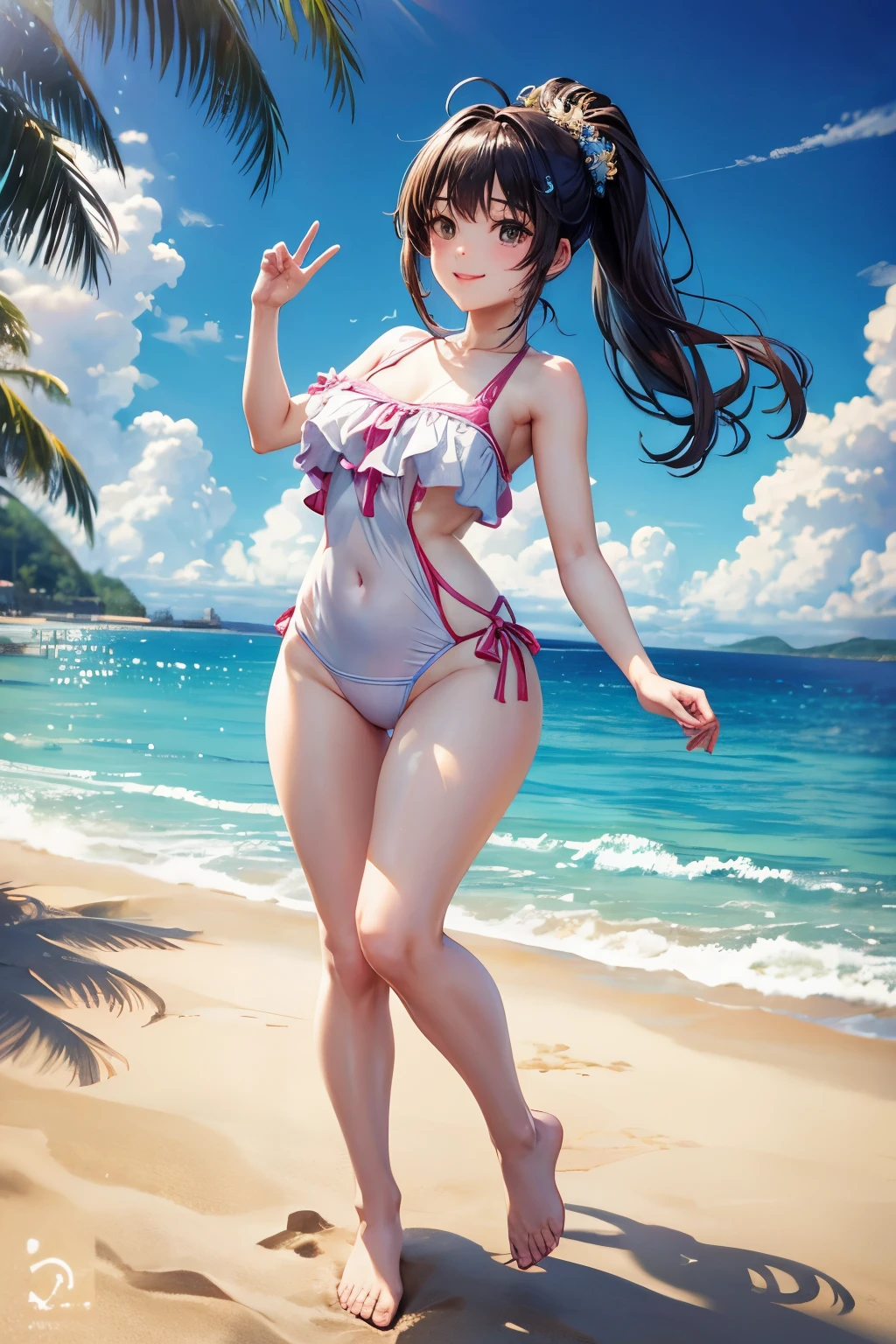 masterpiece、Mastepiece、girl、Random hairstyle、Clear eyes、Smiling at the audience、Perfect proportions、full body shot、Random Swimsuit、Sexy pose、The background is the sea