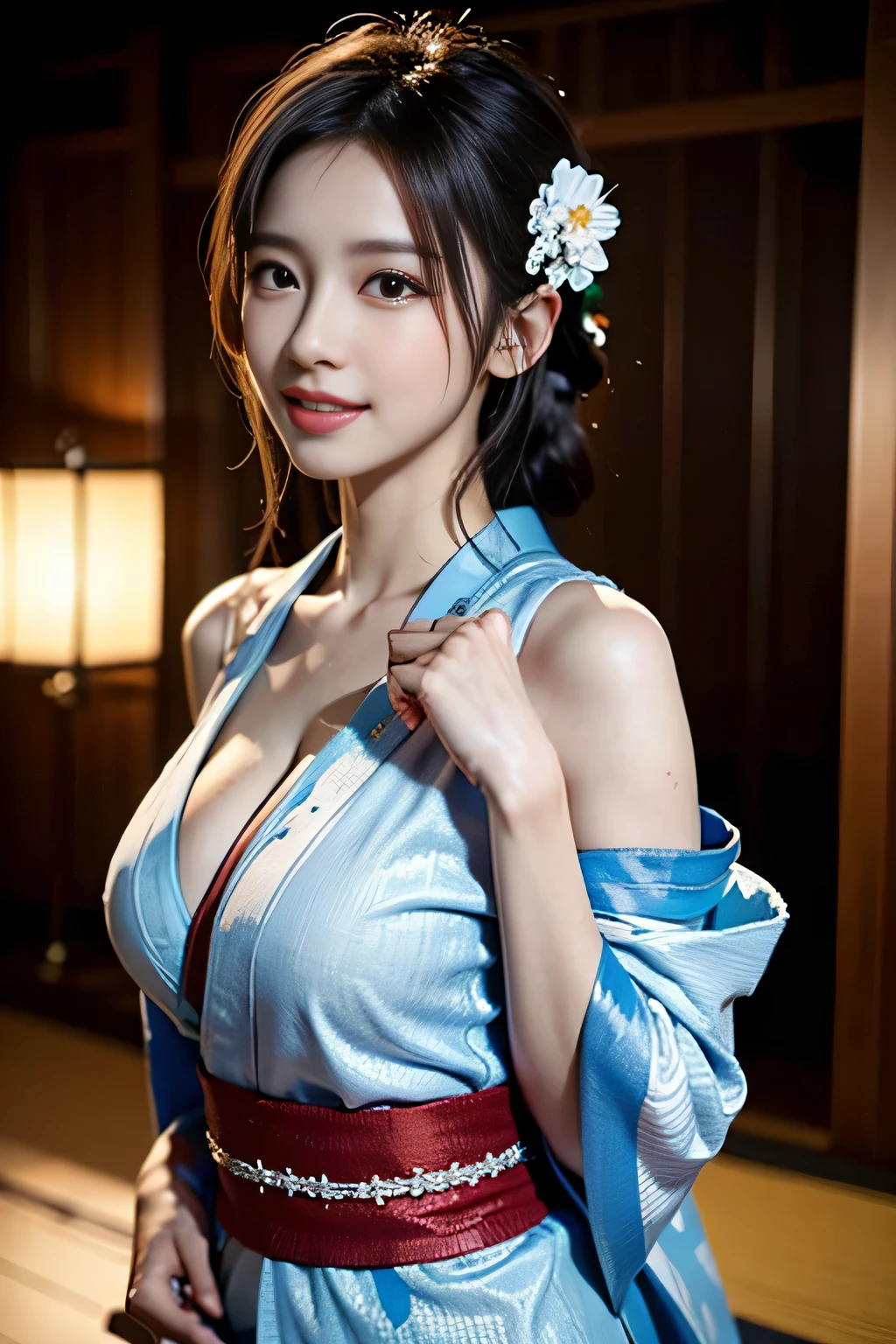 Idol,With a round face,A smile that makes people happy,Classroom walls and windows in the background,(((Intense dance motion:1.3))),(let me'Spread your hands and dance rhythmically:1.3),(((Dance that emphasizes breasts:1.3))),(Stand up and get on one knee:1.3),Add a motion blur effect to simulate motion,(Dynamic and sexy dance poses),(Lean forward:1.3),((( kimono:1.3))),Big and ample breasts,Clothing gets messy due to movement,(The skirt rises with the dance movements:1.3)(Flower Hair Ornaments,Floral braided top knot,Twisted Side Part Ponytail,Floral knit headband,Half Up、Floral braided space buns,Voluminous fishtail braid,Twisted pan,),(Transparent bang),(Dynamic Angle),(Dynamic and sexy pose),Very delicate and beautiful hair,Hair floating on large breasts,Looking at the audience,(Professional Lighting),highest quality,Ultra-high resolution output images,(8K quality,),(SeaArt 2 Mode.1),(Picture Mode Ultra HD,),Beautiful Hands,Beautiful fingers,Detailed functions of the fingers,Detailed features of the clothing,Detailed characteristics of hair,Detailed facial features,